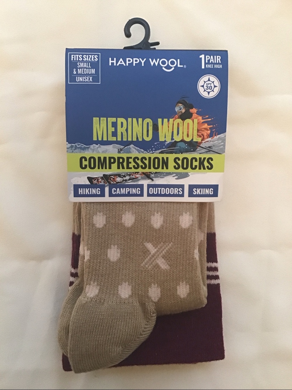 Merino Wool-blend Athletic Compression Socks Unisex size S/M Tan with Dots